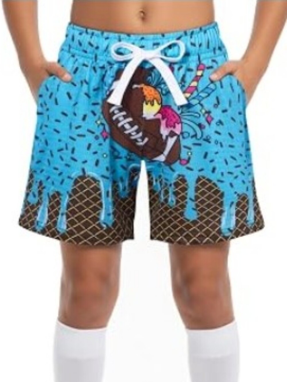 Boys Athletic Shorts Ice Cream Drip Mesh Breathable Blue Brown